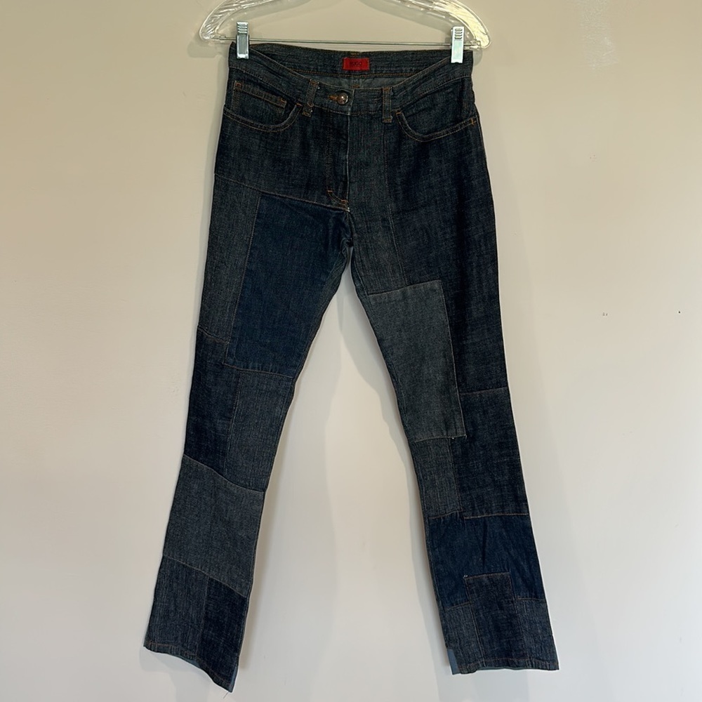 Hugo Boss Womens Dark Wash Patchwork Denim Waist 28 Y2K Flare Mid Rise